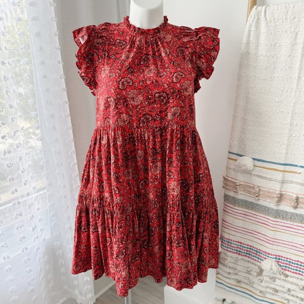 Ulla Johnson Hana Red Floral Mockneck Short Flutter Mini Dress Women’s Size 10 - Picture 2 of 12